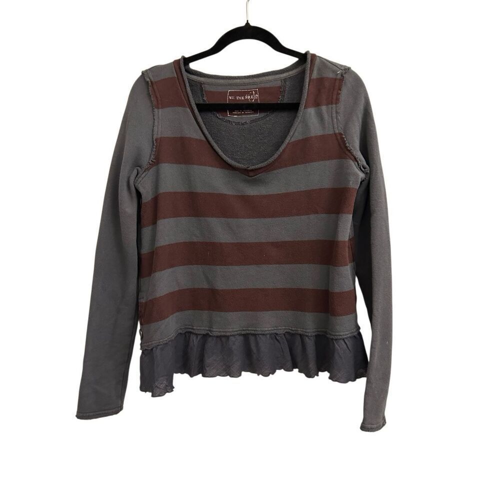 We The Free Multi Media Striped Sweater with ruffle hem Sz XS Preppy Academia